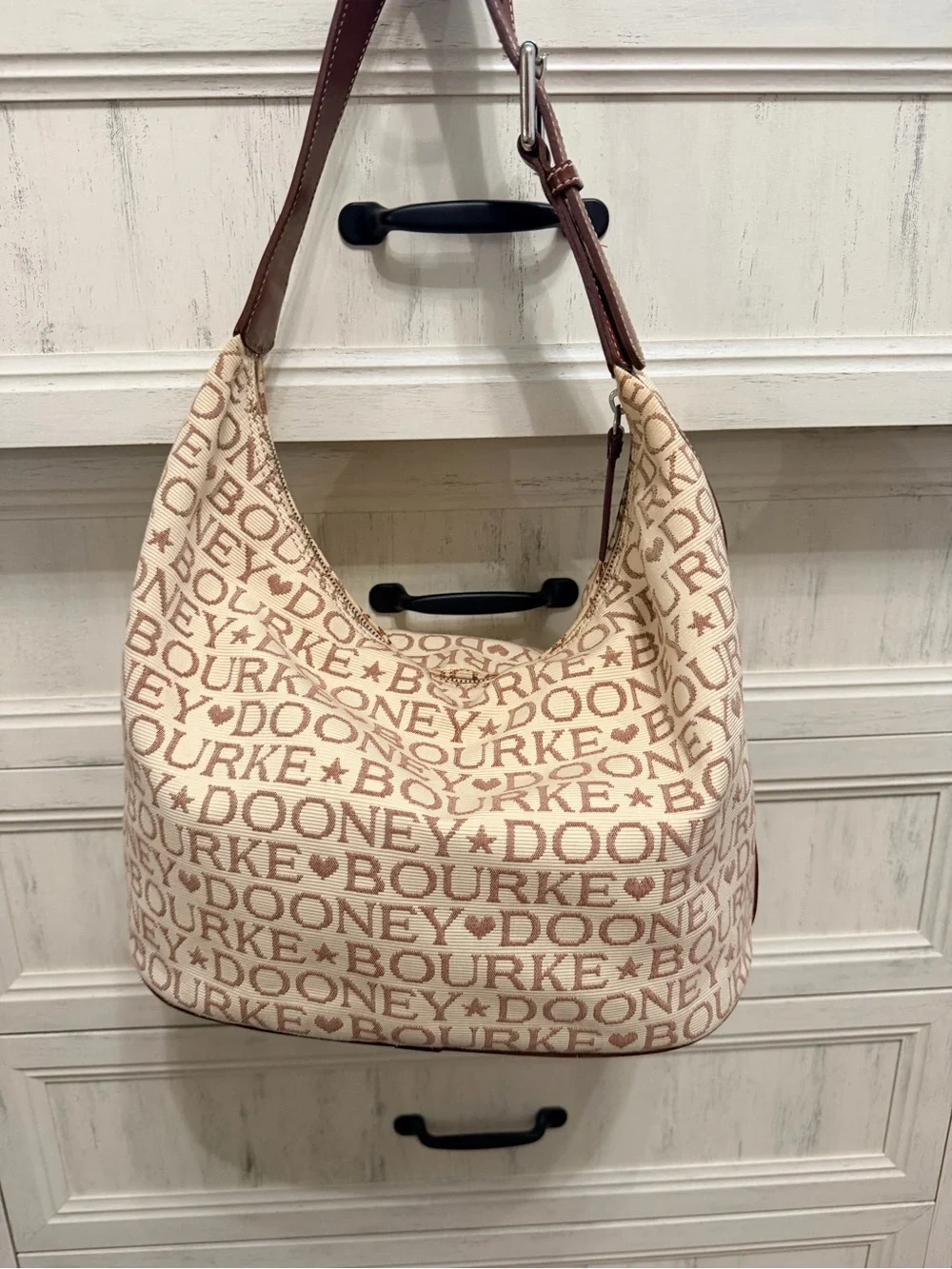 Vintage Dooney & Bourke Full Name Logo Canvas Shoulder Bag Brown Leather
